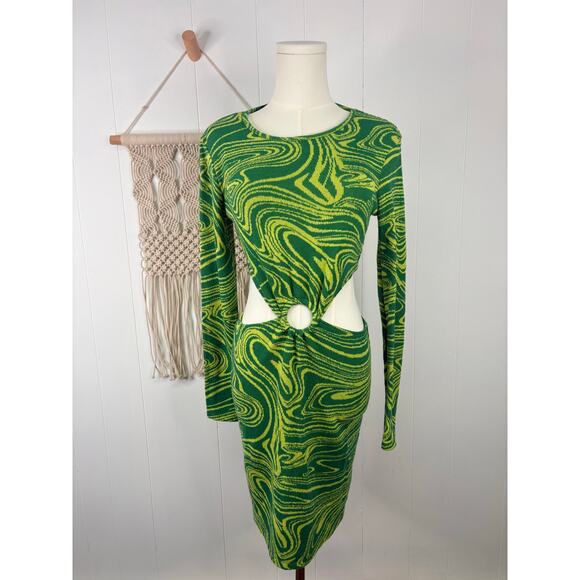 Zara Green Tie Dye Swirl Cutout Sweater Dress Womens Large 70s Hippie Festival - Picture 2 of 8